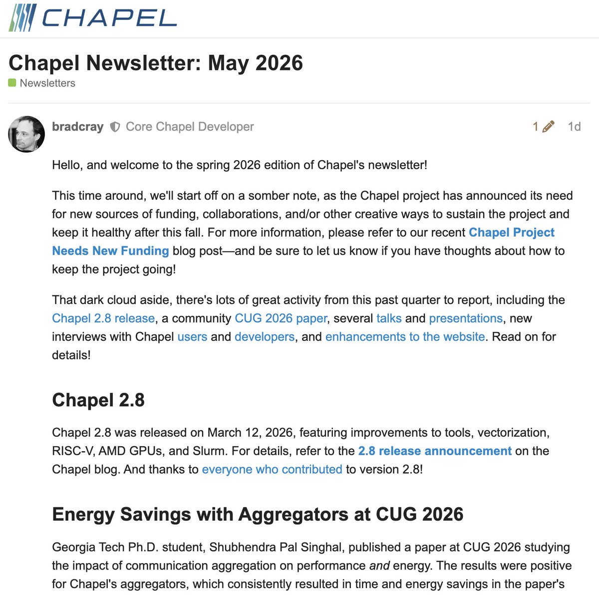 ChapelLanguage's tweet photo. The latest issue of the Chapel newsletter is out now, featuring updates on Chapel funding, talks, papers, interviews, the website, and more!

Check it out at: https://t.co/tIXuxKRYt6 https://t.co/Aa2GXjTSNk