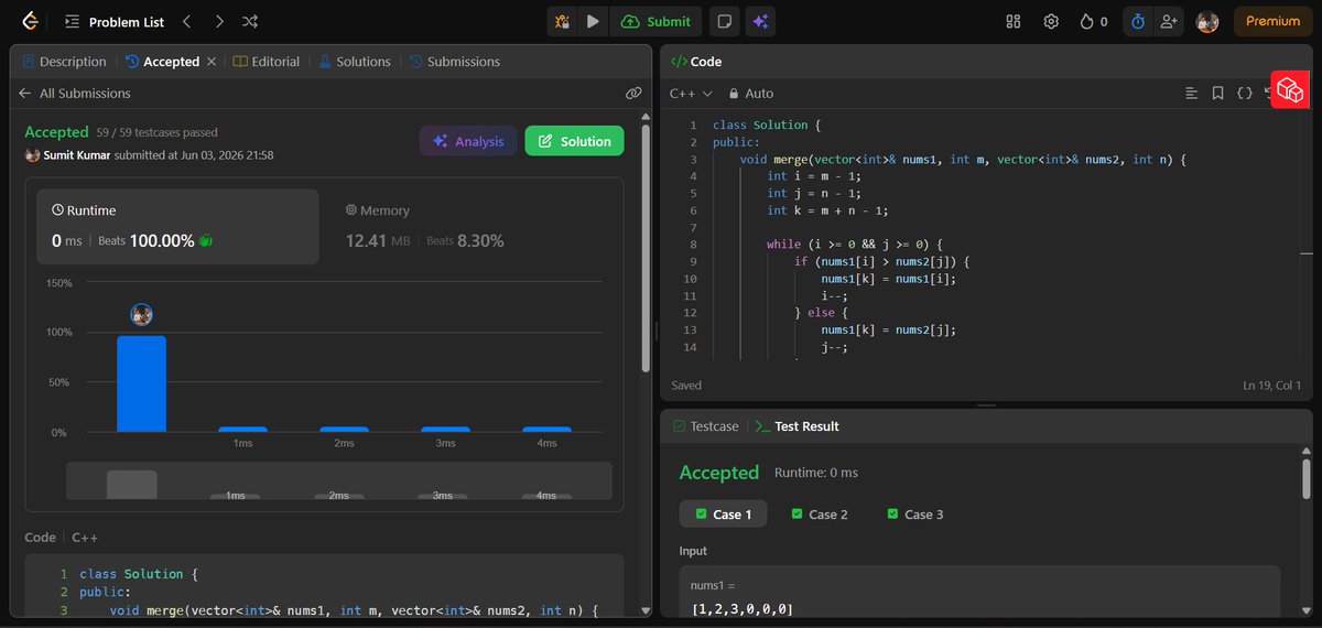 AIDev_Sumit's tweet photo. Day 3/45 of the #SDESheetChallenge 🚀

✅ Rotate Matrix by 90 Degrees
✅ Merge Overlapping Intervals
✅ Merge Two Sorted Arrays Without Extra Space

@striver_79 @takeUforward_

#DSA #LeetCode #Cpp #Coding https://t.co/FLdF8Ywnuw