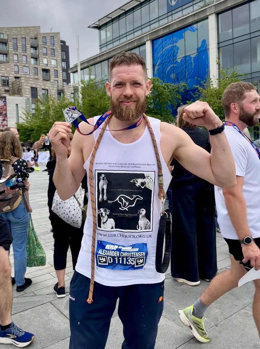 LurcherSOS's tweet photo. Alex completed the Southampton Marathon in memory of his beautiful boy Pingu, a Dalmatian x Lurcher, raising an incredible £1,300 for Lurcher SOS!
Alex crossed the finish line in 3hrs 57mins. To everyone who donated, thank you from the bottom of our hearts.💕😘😘😘 https://t.co/F4gXb8wtXo