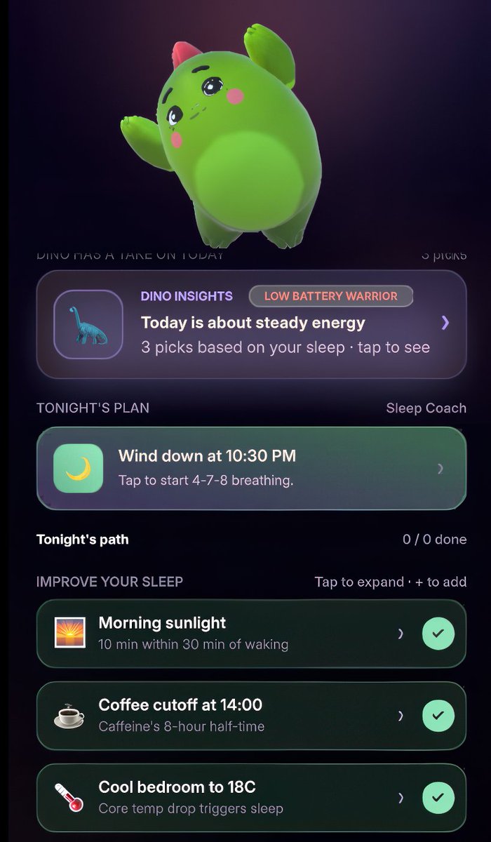 Cryptking_1's tweet photo. 🚨   The Value of the Sleep Coach: Sleepagotchi 

@sleepagotchi sleep coach turns rest into better decisions and sleep data into daily guidance.

The structure is being built in the Sleep app:
✅  Dino Insights based on your sleep.
✅  A nightly wind down plan.
✅  Breathing support before bed.
✅  Morning sunlight guidance.
✅  Caffeine cutoff timing.
✅  Bedroom temperature optimization.

And more.

Sleep usually comes from small adjustments done consistently.

That is what the sleep coach is leading towards.

Taking wearable and sleep signals and turning them into practical next steps users can follow.

Data gives us information.

Guidance is what changes behavior.

Sleep coach turns rest into better decisions.