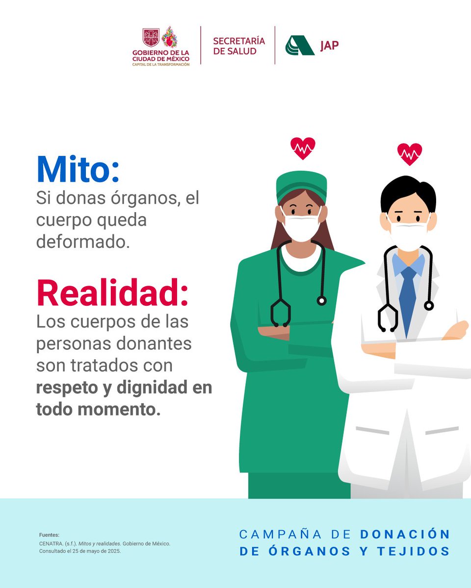 JAP_CDMX's tweet photo. 🫀 Dejar atrás los mitos y conocer la realidad sobre la donación de órganos y tejidos es el primer paso para tomar la decisión libre e informada de ser donante. ✨

Súmate a decir #YoSíDecidoSalvarVidas y ayuda a compartir este mensaje que multiplica la esperanza. 💙

@SSaludCdMx https://t.co/IW2pWcAimT