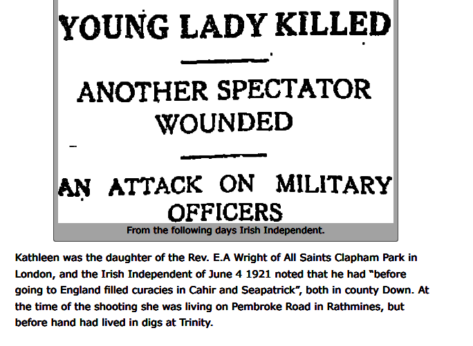 Hannyhas's tweet photo. Cricket spectators; Kate Wright, art student, was shot in her back. Her fiancé, a student from Sligo. Both fathers were clergymen. Murderers cycled to the railings to stop the 2 day Gentlemen v Military  match. 2nd lady wounded #OTD
https://t.co/Hvp8c7tUHY
https://t.co/Jn7Jd5SRed https://t.co/7agT9bqEIy