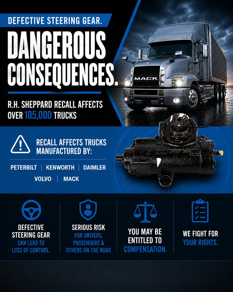LeonardLegal's tweet photo. A defective truck part can lead to devastating consequences. If you were injured in a truck accident, you may have the right to pursue compensation from all responsible parties — including manufacturers.

https://t.co/7G7fZg5tLI https://t.co/RvdyS3SC81