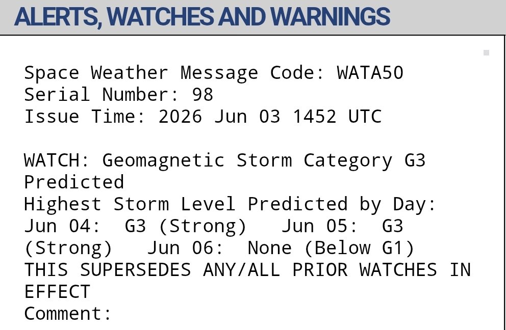JAtanackov's tweet photo. Heads up! SWPC as issued a G3 WATCH for June 4th and 5th! https://t.co/3oSTonPvEl