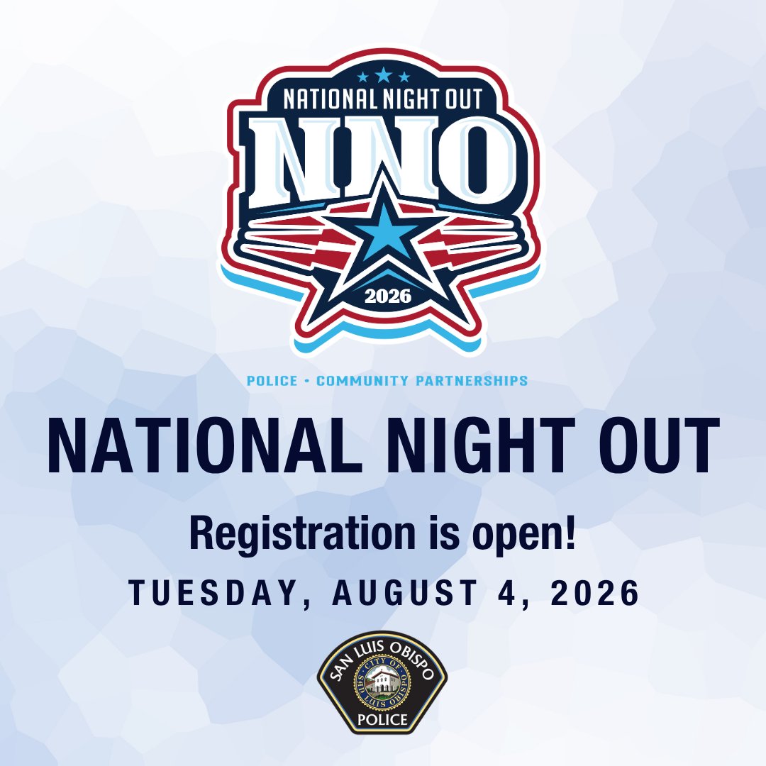 SLOCityPolice's tweet photo. Registration for National Night Out is OPEN! 
Here in SLO, we invited neighborhoods to host block parties and WE COME TO YOU! If you live in SLO and want to participate, please submit our registration form via the link below.
https://t.co/hDVKCn2cT2 https://t.co/jyHeNLmpSq