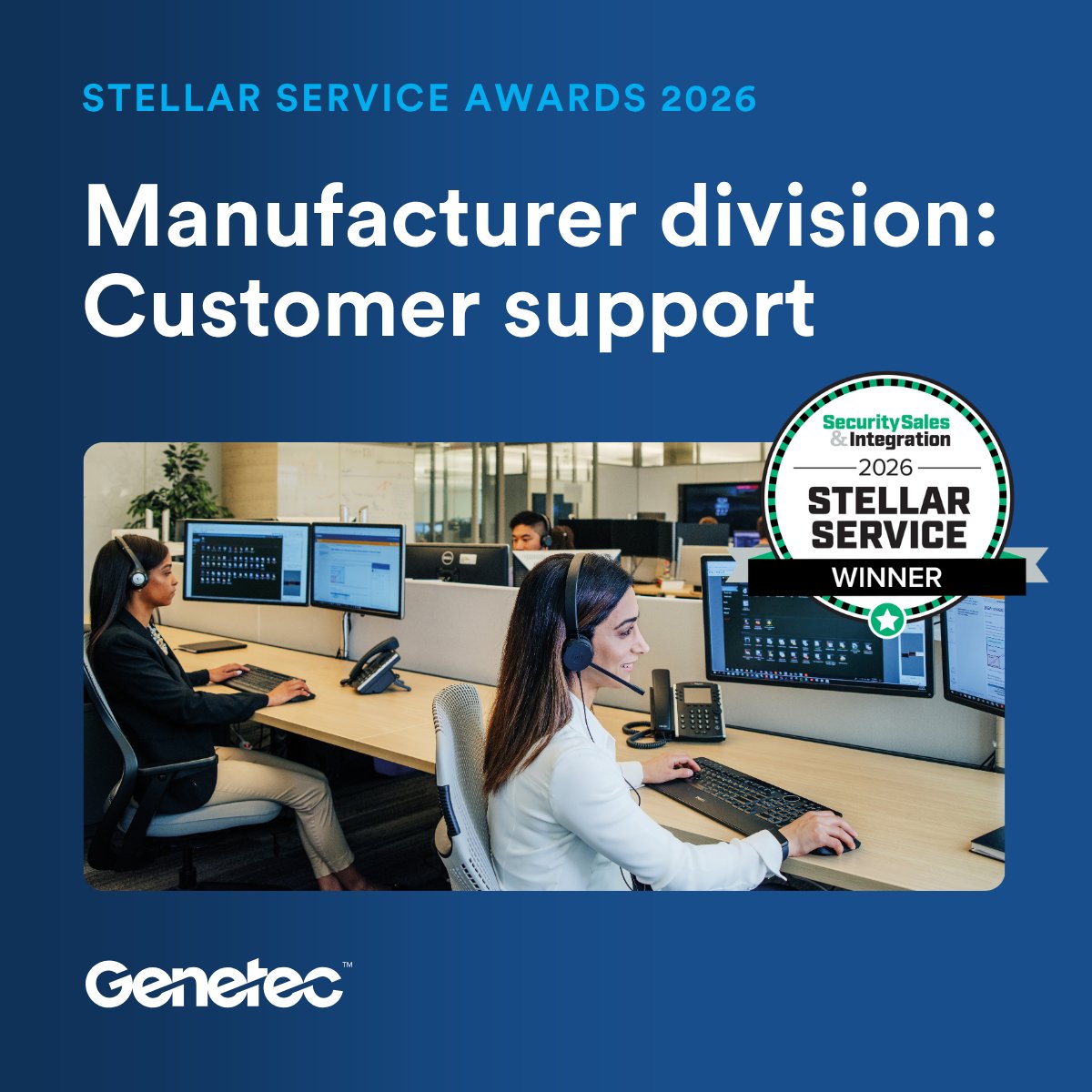 genetec's tweet photo. We’re proud to receive the 2026 @SSIMagazine Supplier Stellar Service Award for Technical Support, an award voted on by the dealer and integrator community. Learn more: https://t.co/yvGRzgtKIS https://t.co/fxUN9X1Tpi