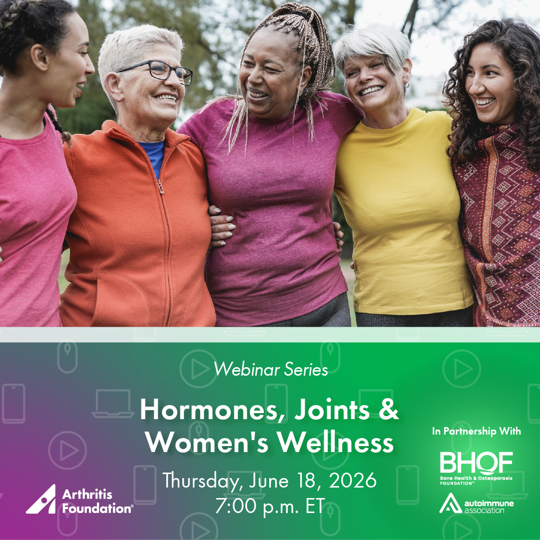 ArthritisFdn's tweet photo. Hot flashes, fatigue, joint pain, stiffness — hormonal changes can impact arthritis too. 💚 

Join our “Hormones, Joints and Women’s Wellness” webinar for expert tips and practical strategies to manage perimenopause, menopause &amp; joint symptoms. 

Register: https://t.co/OD3c16E6L0 https://t.co/qA7n7GgEOF