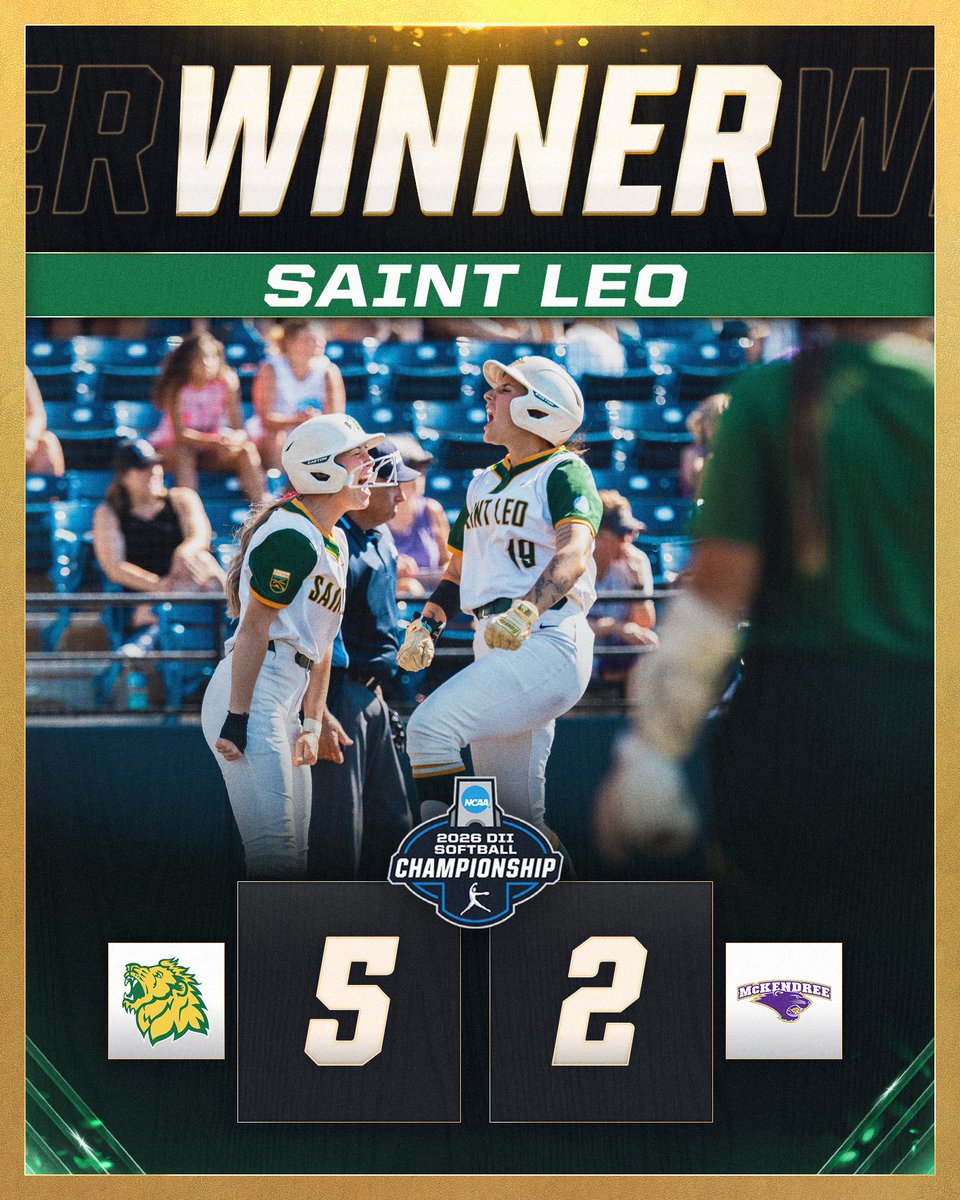 NCAADII's tweet photo. The crown belongs to Saint Leo! 👑🏆

@saintleolions defeats McKendree 5-2 to claim the NCAA Division II Softball National Championship! 🥎

📸: @nicoklementzos

#MakeItYours | #D2SB https://t.co/oPuDtGQM83