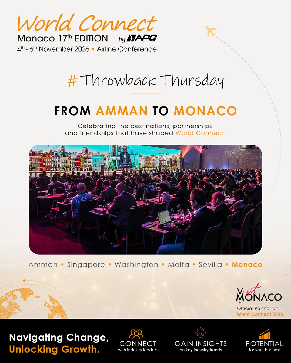 APG_Network's tweet photo. 🌍 #ThrowbackThursday

From Amman to Monaco, World Connect has brought aviation professionals together for years, creating opportunities and lasting partnerships worldwide.

✈️ Will you be joining us in Monaco, 4-6 Nov 2026?

#APGWC2026 #WorldConnect https://t.co/LJ3C796eq3