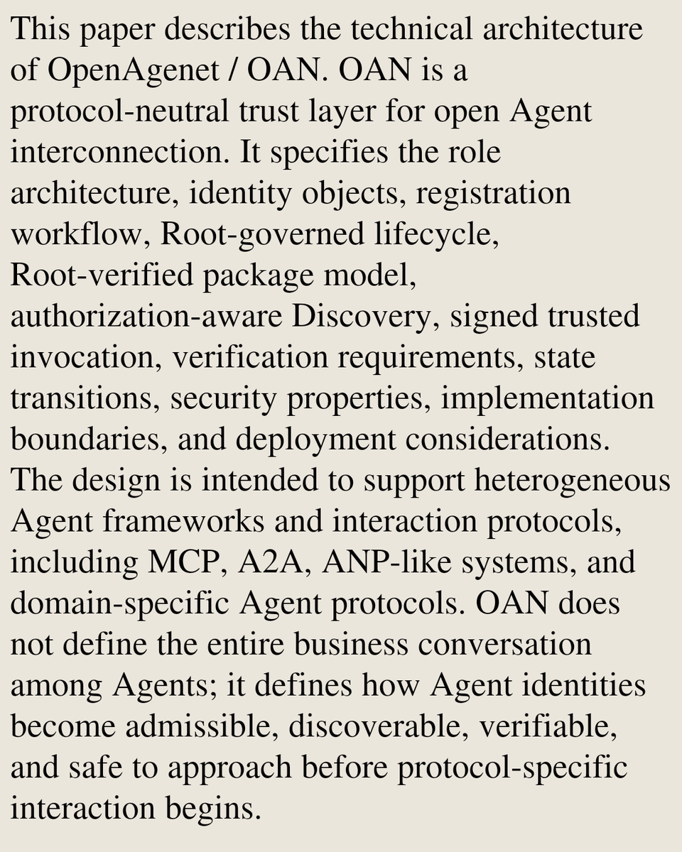 PIN's tweet photo. OpenAgenet/OAN: Technical Architecture for Trust-Governed Agent Identity and Discovery

Jinliang Xu
https://t.co/Qkvlgj2j7d [𝚌𝚜.𝙼𝙰 𝚌𝚜.𝙰𝙸 𝚌𝚜.𝙳𝙲] https://t.co/OFCGgHO9mD