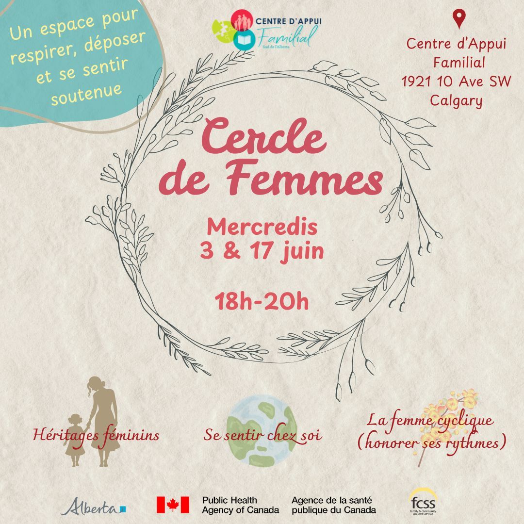 rsaAlberta's tweet photo. Le Centre d'appui familial vous invite à prendre part à son Cercle de femmes.

Dates: 3 et 17 juin 2026
Heure: 18h00 à 20h00
Lieu: 1921 10 Ave SW, Calgary

https://t.co/X2d9lBgDr6

#femmes #sante #santementale #calgary #detente #bienetre #echanges @CentreDappui https://t.co/1C0QMb9XuD