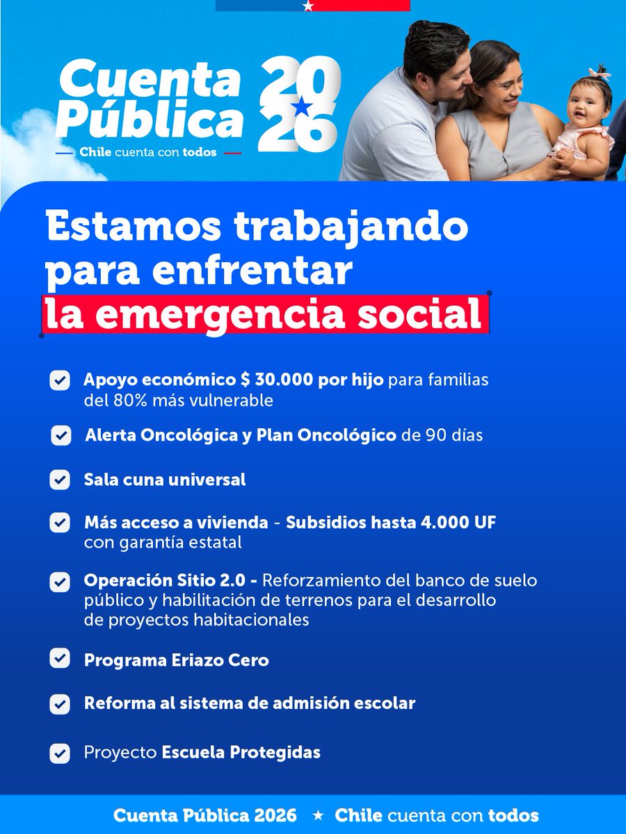 GobiernodeChile's tweet photo. 📣 Estamos trabajando para enfrentar la emergencia social.

Estos son los anuncios que realizó el Presidente José Antonio Kast sobre esta materia en la #CuentaPública2026 🙌🏼

Conoce más detalles en 📲 https://t.co/LOXlNHktss 

#ChileCuentaConTodos 🇨🇱