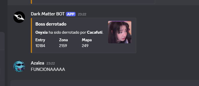 AzaleaDevs's tweet photo. FUNCIONA EL WEBHOOK PARA ANUNCIAR LOS BOSSES CAIDOS VAMOOOOO (ya tenemo vídeo) https://t.co/0dEI5zKESF