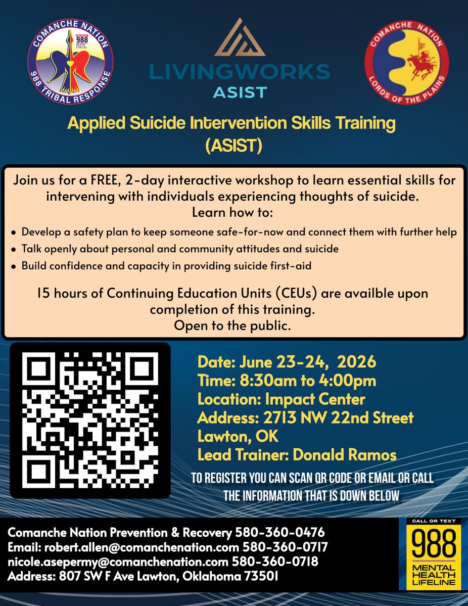 TCNNPIO's tweet photo. Anyone interested in supporting others in times of crisis
can register at https://t.co/nHR7Ku0UsO

For more information contact:

Comanche Nation 988 Tribal Response
📷 Office: 580-360-0476
📷 Crisis Line (24/7): 580-919-1374 https://t.co/qN5sp3uURC
