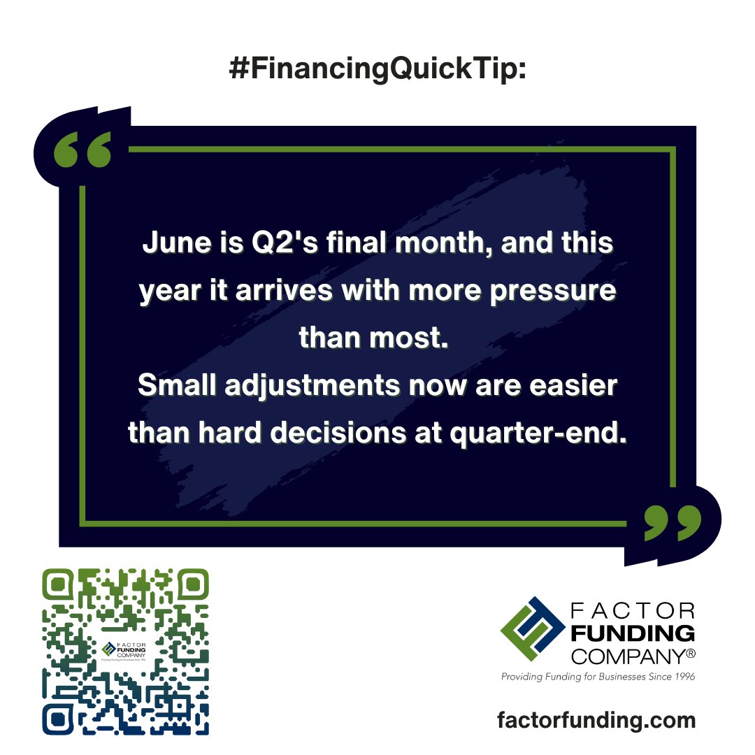 factorfunding's tweet photo. Q2 is almost over, and many businesses are already feeling tighter cash flow pressure.

Small adjustments now are easier than hard decisions at quarter-end. https://t.co/Zlvq6ZfjZi