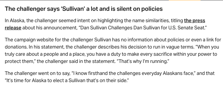 Azi's tweet photo. Challenger Dan Sullivan jumped into race to unseat Sen. Dan Sullivan.  

His website &amp; FB account were made 1 day before announcing.  

His site has no info re: policy nor link for donations.  

He also didn't use a middle initial or suffix Jr. in his first &amp; only statement https://t.co/n0Ppw8vVrY