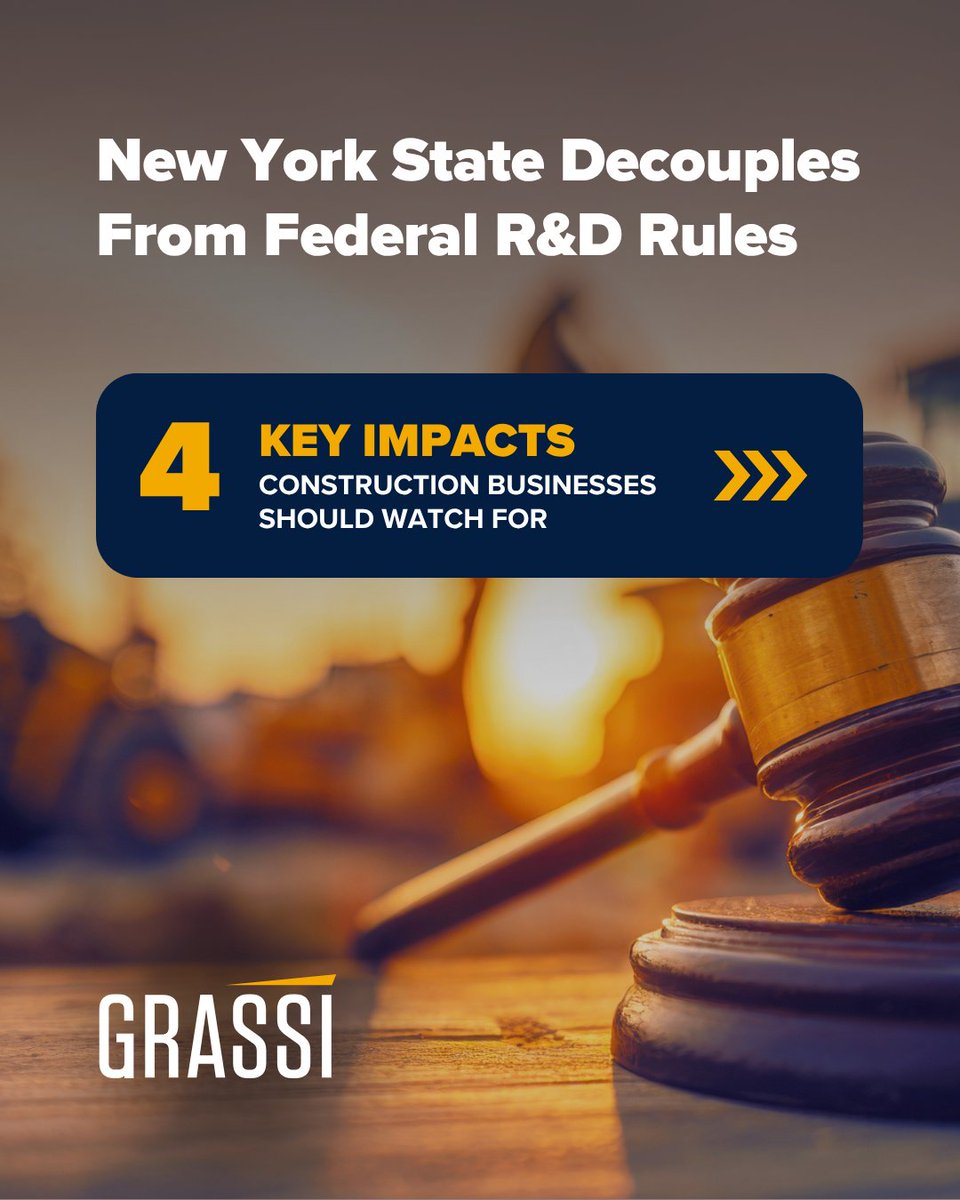 GrassiAdvisors's tweet photo. New York State Changes R&amp;D Tax Rules for Construction Businesses

New York’s Fiscal Year 2027 State Budget updates the treatment of R&amp;E expenditures, potentially creating differences between federal and state tax treatment starting in 2025.

Read now: https://t.co/h5th33aLDe https://t.co/rMZNOz2bxp