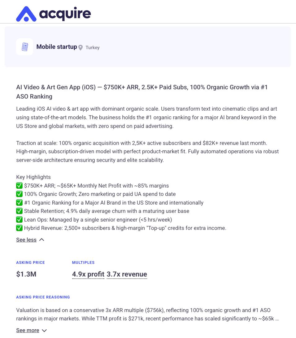 agazdecki's tweet photo. This AI app organically ranks #1 for a major AI brand keyword!

Just dropped on @acquiredotcom.

Turns text into art and video using state-of-the-art models.

> $347K TTM revenue
> $265K TTM profit
> $756K ARR

Full listing:
https://t.co/euvd1yU01H https://t.co/d39OV92A2S