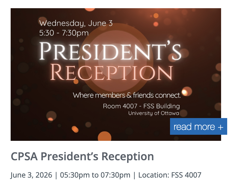 cpsa_acsp's tweet photo. #CPSA_ACSP26

This evening CPSA President’s Reception!

Ce soir Réception de la présidente de l’ACSP !

at/à FSS 4007 https://t.co/w4v2XuE7Ph
