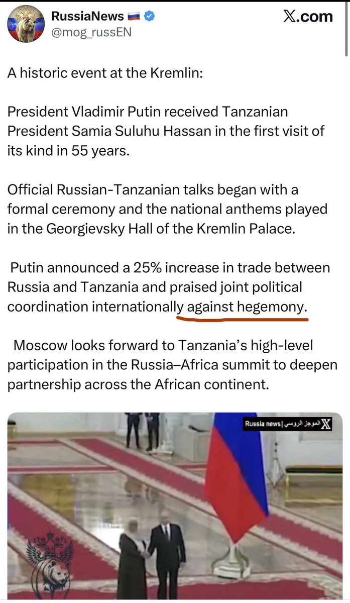 mangekimambi's tweet photo. Tuliwaambia kuwa Samia alichokifata kwa Putin ni msaada wa kutokuwajibika na vifo vya October 29. Alichokifata Moscow ni ulinzi wa kuachwa madarakani bila kuchaguliwa na wananchi. 

Hiyo hegemony hapo maana yake ni nchi flani kuwa na nguvu kubwa ya kisiasa, au economically juu ya nchi zingine. Au kwa kiswahili hii hegemony unaweza sema ni mamlaka, yani nchi flani kuwa na mamlaka juu ya nchi ingine. So Samia na Putin wamekubaliana watapambana dhidi ya hegemony ya Marekani na Western countries ili Samia awe free kuua na kuteka Watanzania bila kuingiliwa na nchi yoyote. 

Ila Watanzania hata kama bado hatujashinda vita ila angalia tunashinda some battles along the way na tujipongeze. Aiseee 8 months later bado tumesimama kidete juu ya October 29 mpaka muuaji kakimbia kutafuta ulinzi wa dikteta mkuu wa dunia. Hakuna kutoa mguu kwenye gesi mpaka yeye na Putin wadondokeee pua….

Na nawahakikishia lazma kamuomba Putin amuulie Nchimbi kama itashindikana kumuondoa kupitia bunge. This I guarantee…..

@SenTedCruz @SenatorShaheen