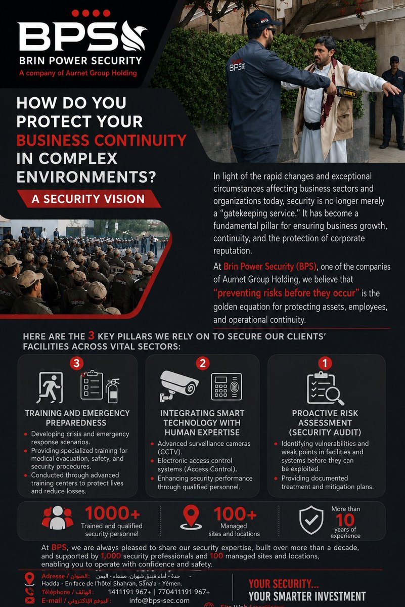 BPSYEMEN's tweet photo. #BPS #Yemen #ExecutiveProtection #MaritimeSecurity #ConflictZone #Sanaa #Aden #RiskManagement #EnergySecurity #NGOProtection #YemenSecurity #TacticalOperations #شركة_حراسة_BPS #أفضل_شركة_حراسة_BPS #اليمن https://t.co/iuVmmFjH1s