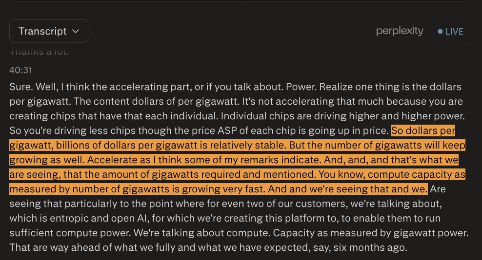 wallstengine's tweet photo. $AVGO CEO ON AI GIGAWATT DEMAND

“The dollars per gigawatt... is relatively stable. But the number of gigawatts will keep growing... accelerate.”

“We’re talking about compute capacity... way ahead of what we fully expected, say, six months ago.”

“We expect, in fact, 2028 to be a substantial growth from what we are forecasting in 2027.”