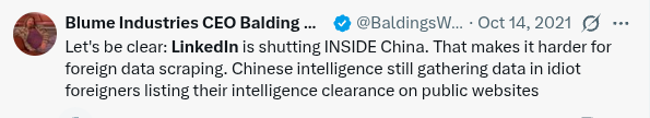 BaldingsWorld's tweet photo. Seriously you idiots: I've been pounding this for damn near a decade and all you dimwits keep putting your intel clearance and projects you worked on to the Chinese https://t.co/H4MqunuNfh