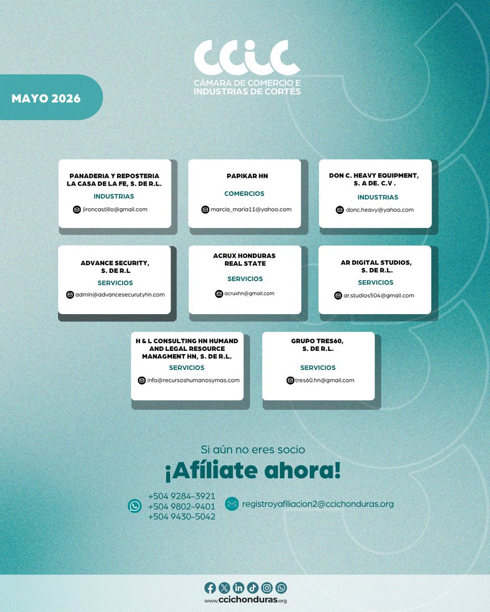 CCICHN's tweet photo. La Cámara de Comercio e Industrias de Cortés continúa fortaleciendo su comunidad empresarial con la incorporación de nuevos socios durante el mes de mayo.

Reafirmamos nuestro compromiso de seguir impulsando espacios que promuevan la competitividad, la innovación y el desarrollo sostenible del país.

¡Une a tu empresa! Déjanos tus datos: 
📱+504 9284-3921 📱 +504 9802-9401 
📱 +504 9430-5042

📧 registroyafiliacion2@ccichonduras.org

#SocioCCIC #CCIC #EmpresasQueCrecen