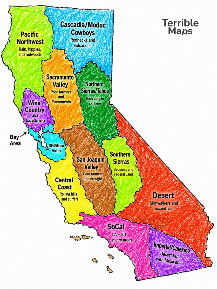 TerribleMaps's tweet photo. The 12 Cultural Regions of California, According to Californians https://t.co/28BswBvZ9x