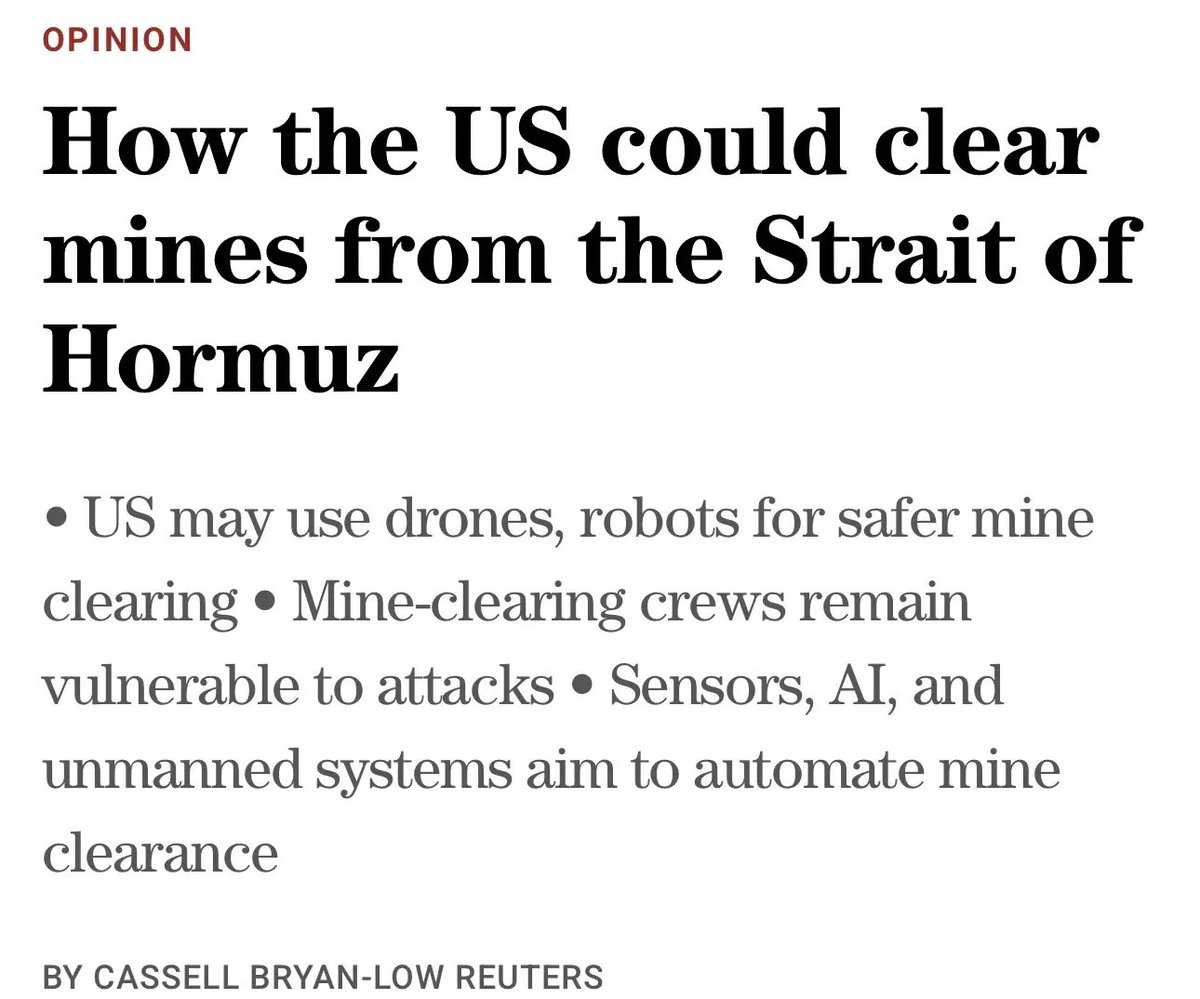 BullMarketiy9p's tweet photo. $GMEX
This stock aligns well with the theme of mine clearance in the Strait of Hormuz, as modern mine-sweeping operations are rapidly shifting toward detection methods utilizing unmanned systems, AI, robotics, and drones—rather than directly exposing sailors to minefields. Recent reports indicate that the U.S. and its allies are already deploying underwater drones, sonar-equipped robotic vessels, and autonomous systems to detect and neutralize mines within the Strait.

In my opinion, this stock is significantly undervalued.