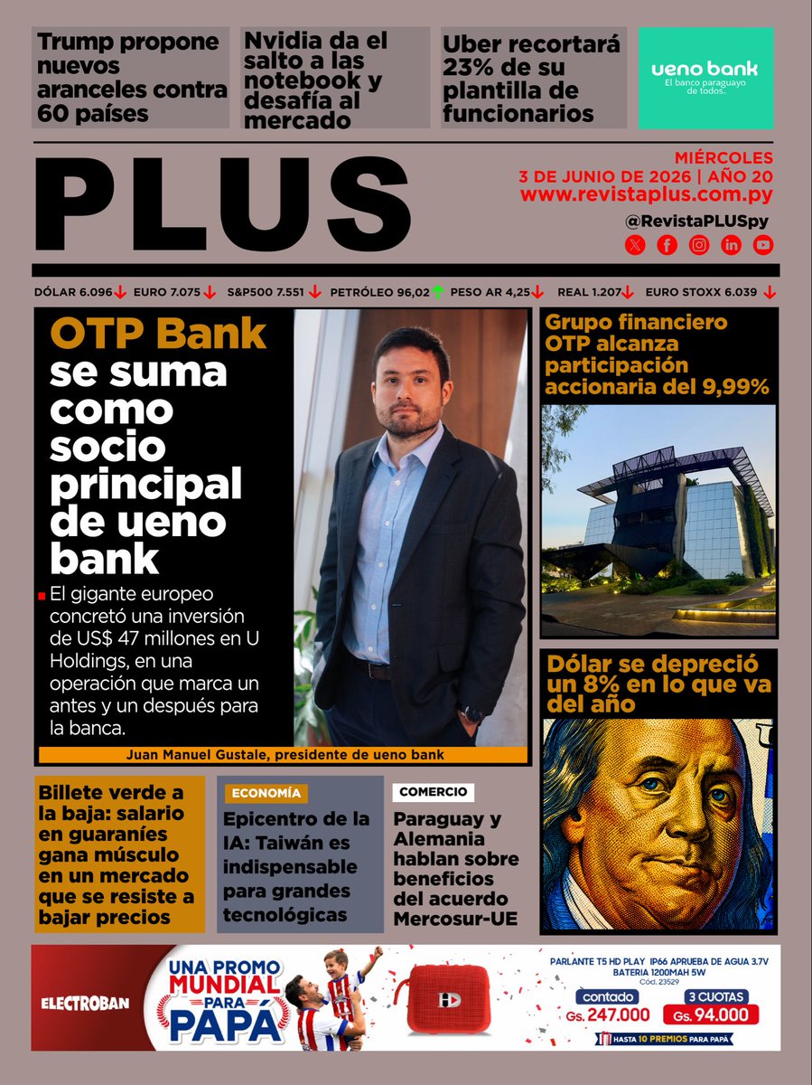 Dnrios's tweet photo. Noticias destacadas de economía y finanzas del miércoles 3 de junio de 2026 

Más info en: https://t.co/lY7ilH9gTU      

#Paraguay #RevistaPLUSpy #Portada #20añosPLUS https://t.co/mlQX9fqWzM