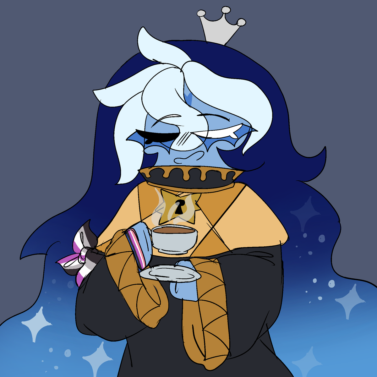 Toby_108's tweet photo. "Good evening, my fellow cookies. I apologize for the late update, but I'm still getting used to this 'phone' my bunnies found. I'm open to answering any late questions you may have." (He sips his tea)
//happy pride month! https://t.co/VBdZx2C0CQ