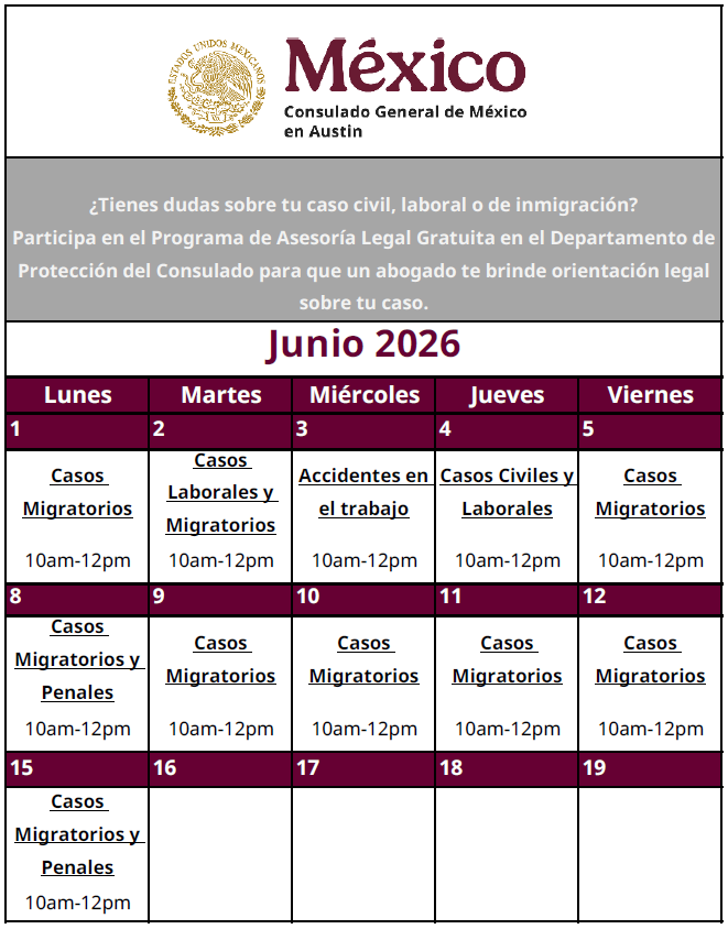 ConsulMexAtn's tweet photo. Programa de Asesoría Legal Gratuita y Pláticas Informativas en el Departamento de Protección del Consulado. Revisa el calendario y acude SIN cita para recibir orientación en materia migratoria, laboral y civil; todas las asesorías se llevarán a cabo de 10 am – 12 pm. https://t.co/AMB8uCFAER