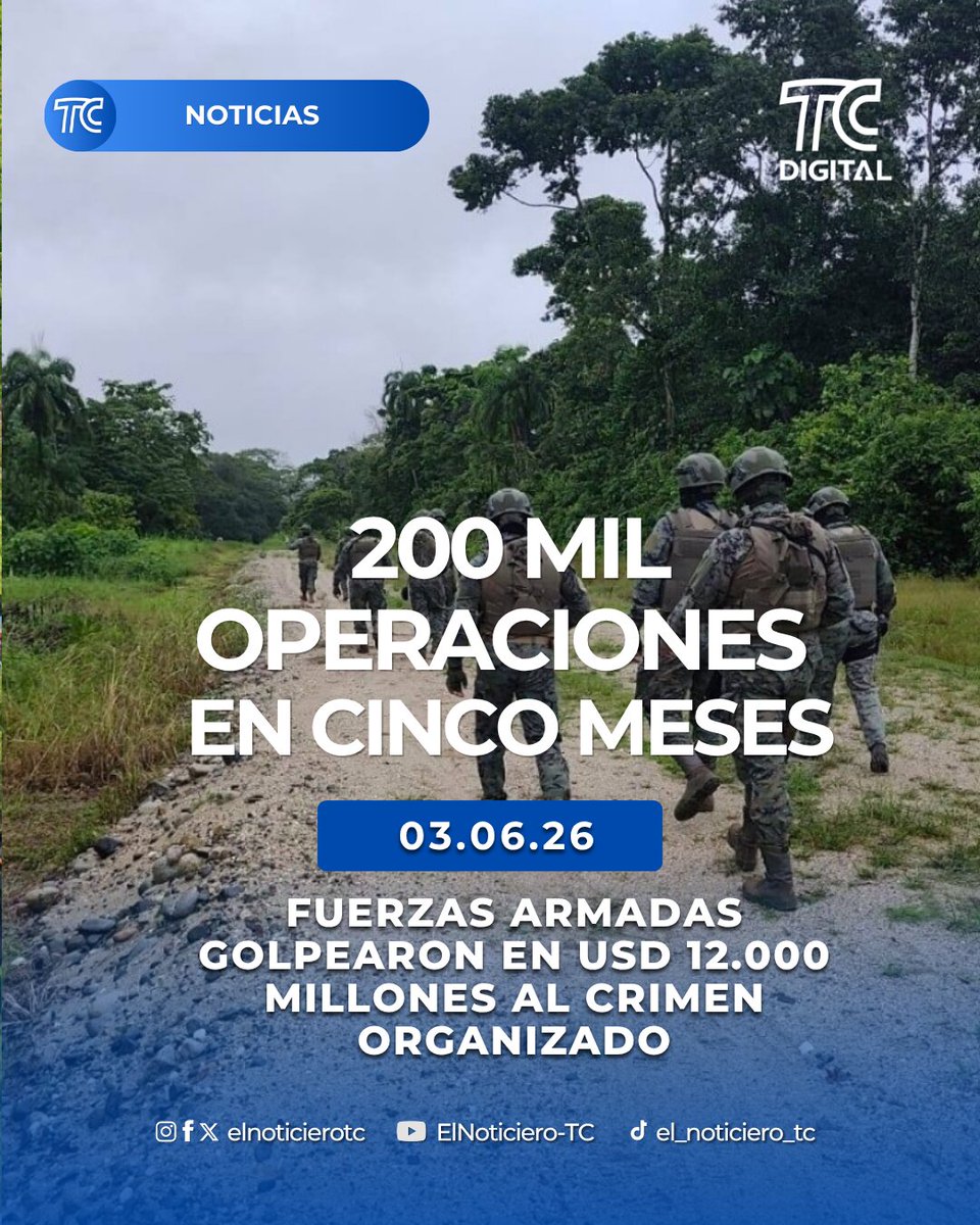 tctelevision's tweet photo. 200.000 operaciones militares en cinco meses. Las Fuerzas Armadas ejecutaron 1.300 operaciones diarias y afectaron en USD 12.000 millones a las economías criminales en Ecuador.

🔗 https://t.co/p3F2UR4pBp https://t.co/Zzxtb6BRa1