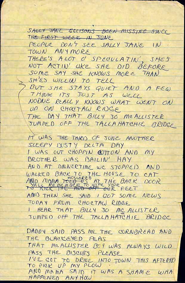 CaptLowry's tweet photo. "IT WAS THE THIRD OF JUNE, ANOTHER SLEEPY, DUSTY, DELTA DAY"

(Part TWO)

In February of 1967, Bobbie Gentry recorded a demo tape of Ode to Billie Joe, at Whitney Recording Studio in Glendale California. She sat on a stool, by herself in the studio, and she plucked it out on her guitar as she sang it. That demo tape was taken to Capitol Records in Los Angeles, and the loved it! The demo became the master tape. But Capitol still thought it needed a little something. A few days later, with Bobbie Gentry present, a producer added the strings. There is a report that when Gentry heard the finished song, she said that her song had been ruined!

There is also a story that the song was originally longer, at seven minutes. The radio version runs a bit over 4 minutes. Gentry's hand written lyrics are in the Ole Miss Archives today. They do show more verses than were recorded. The original demo tape has been searched for, and it has never been found. If ONLY???

Ode was released on July 10, 1967, as a single. It took just six weeks to hit number ONE on several charts. It landed Gentry on every television variety and talk show in America. She was an "overnight" sensation.

She went right back into the studio and cut a full album, of mostly her songs, to support the hit single. In less than a year she cut a second album. In 1968, the BBC gave her a 30 minute, weekly television show. Most of these shows can be found on YouTube today. They are interesting to say the least. After all this, she toured, she was still a guest on many shows, and she appeared in Vegas.

In the early 1970's, Max Baer/Jethro Bodine wrote and produced a movie called, Macon County Line. He wanted a song for it. He asked Gentry to write and perform that song. She did, and Baer used it for the closing credits. While working with Gentry, Max asked her about making Ode to Billie Joe into a movie. She agreed to that.

Baer tried writing three different scripts for the Ode movie, none of them worked. He finally hired the man who wrote the script for, Summer of '42. That man delivered a terrible script, but Baer went along with it. (Go watch the Ode movie for yourself) The movie was released June 3, 1976. It did well largely because of the advertising campaign. "What the song did not tell you, the movie will". Not really, but enough tickets were sold to make way more cash back than it cost to produce.

Gentry went back to appearing in Vegas with her own music show. She had already married and divorced Mr. Bill Harrah of hotel fame. He was much older than she was, and the marriage lasted less than a year. She then later married Jim Stafford of, "I Don't Like Spiders and Snakes" song fame. (Go find it on YouTube) That marriage only lasted a few years.

The Tallahatchie Bridge Gentry wrote about was the bridge that she remembered in Greenwood when she was in grade school there. It was an old steel truss bridge. After she left for California at age 13, that bridge was torn out, and replaced with a modern, flat, concrete bridge.

When the song came out in 1967, and she need a bridge to be photographed on, she took people to the old steel truss bridge over the Tallahatchie 14 miles North of Greenwood, at Money, Mississippi. That bridge washed out in 1972.

When the Ode movie was made in 1975 - 1976, she needed another old, steel truss bridge for the movie, and for her to be photographed at. She took them to the next standing bridge over the Tallahatchie, a few miles South of Greenwood.

In 1967, when Gentry was asked where the Choctaw Ridge was, she said it was the ridge East of Greenwood, that she could see from her daddy's farm when she was growing up. She said that is what they called the ridge that helps to form the Delta on the East side. Most Delta locals do NOT call the Ridge by that name.

By 1983, Gentry totally retired from show business and even from giving interview. She lives today on the Eastern outskirts of Memphis, on a large, gated estate. Good for her! The locals say she is sometimes spotted in the local grocery store.

Gentry has never answered the question of what was thrown off the bridge. 

Come back Bobbie Gentry! Somewhere in my head, I am still that nine year old boy in the Summer of 1967, hearing your song for the first time, and I am still in love with you.