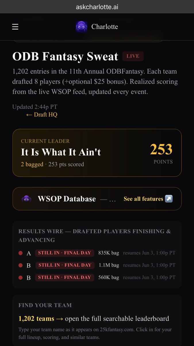 ArtParmann's tweet photo. Got an @audavidb ODB fantasy team?

Sweat your team here in real time!

Feedback appreciated~ https://t.co/aY493XqBwA
