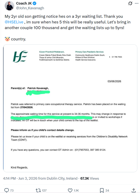 Care2much18's tweet photo. Looks like today's edition of "blame immigrants for a problem they didn't cause or worsen" 🙄

Apparently it's immigrants fault a waiting list for occupational therapy is long in Ireland.

The inverse is true, immigrants helping big time.

I'll go through facts and figures. /1 https://t.co/ElLjnHBYni