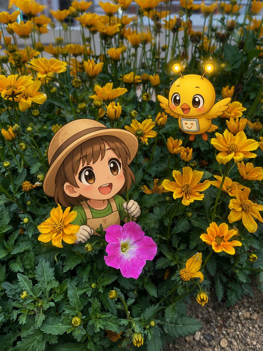 AI9106672065553's tweet photo. おはようございます☀

黄色の花畑に、ピンクがひとつだけ。

ウィンターコスモスの中から、
ペチュニアがぴょこんと顔を出していました。

こぼれ種から育ったのかな。
強くて、きれいだね。

思いがけないところで咲いていた花、見つけたことある？😊

✿*~✿~* ✿ *~✿~* ✿ *~✿
ウィンターコスモス｜Bidens laevis
🌸花言葉：真心
🌿開花時期：秋〜初冬ごろ
🍀特徴：キク科の多年草。黄色いコスモスのような花を咲かせる
🌎原産地：北アメリカ
👀見られる場所：庭園・公園・花壇などで栽培

ペチュニア｜Petunia
🌸花言葉：心の安らぎ
🌿開花時期：春〜秋ごろ
🍀特徴：ナス科の草花。ラッパ形の花を長く咲かせる
🌎原産地：南アメリカ
👀見られる場所：庭園・公園・花壇などで栽培。こぼれ種で育つことも
✿*~✿~* ✿ *~✿~* ✿ *~✿