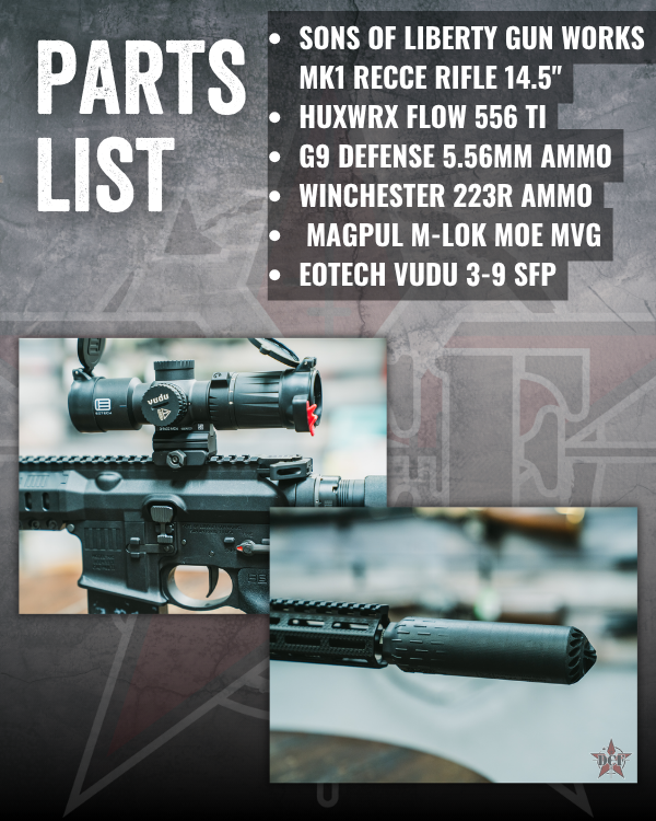 DCFGuns's tweet photo. Featured Build "Recce Ralph"
@sonsoflibertygw MK1 Recce Rifle 14.5"
@huxwrx FLOW 556 Ti
@g9ammo 5.56mm ammo
@winchesterammunition 223R ammo
@magpul M-LOK MOE MVG
@eotech Vudu 3-9 SFP
#DCF #Custombuild #sonsoflibertygw #huxwrx #solgw #g9ammo #winchester https://t.co/saIMIZlwLh