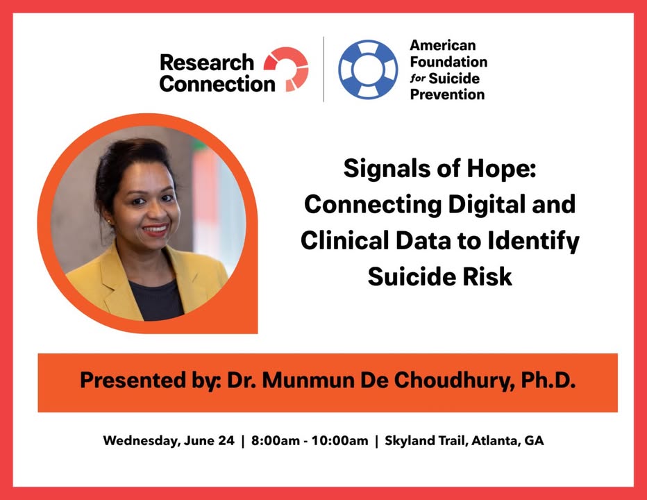 AFSP_GA's tweet photo. We are just 3 WEEKS away from AFSP GA's Research Connection program featuring Munmun De Choudhury, Ph.D.! 

📅 Wednesday, June 24, 2026
⏰ 8:00 AM – 10:00 AM EST
📍 Skyland Trail | Atlanta, GA

This event is free to attend, but registration is required. https://t.co/G3cC9RvM8Q https://t.co/vdi9B3DPmx