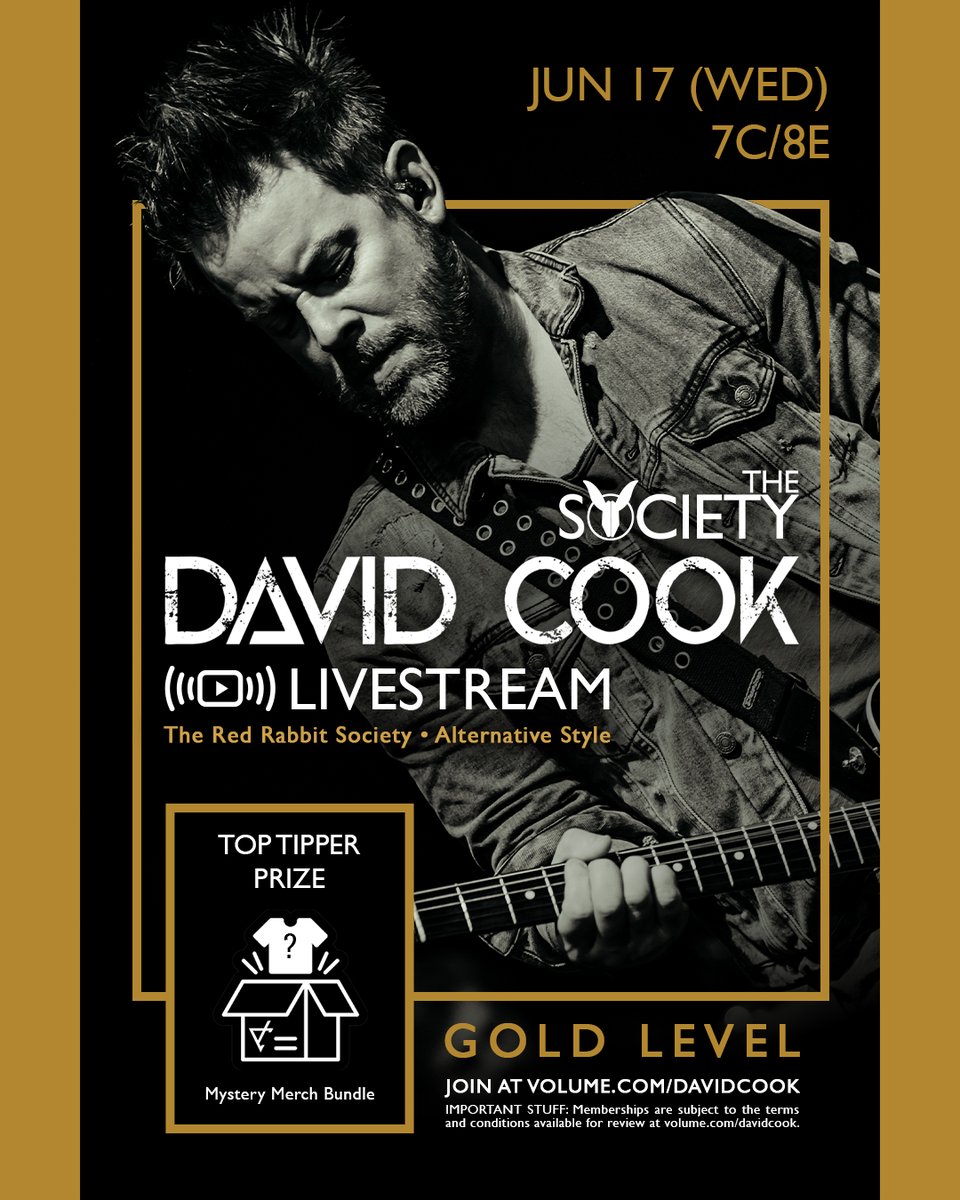 GetOnVolume's tweet photo. 🎶 Turn up the soundtrack to your summer with these exclusive David Cook hangs:

Tonight – Album Club (Caroline’s Spine – Attention Please)🥈 🥇
6.17 – Alt-Style🥇
6.24 – Acoustic Livestream🥉 🥈 🥇 💲

☀️ Spend your June with the Red Rabbit Society: https://t.co/vKdkC25LGT https://t.co/V8Xs6u4mz5