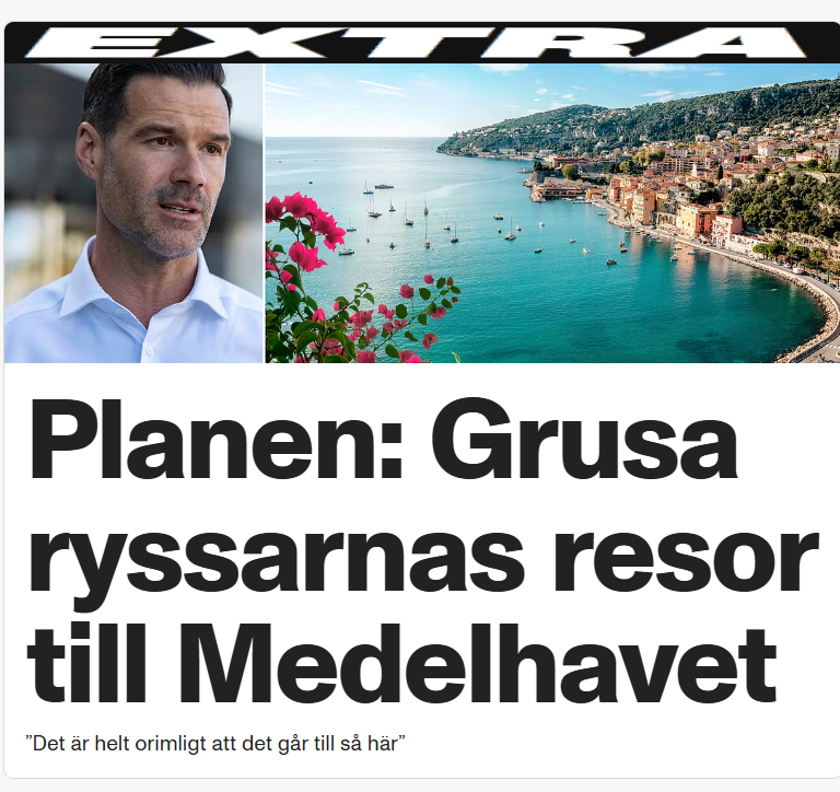 lamatzzi's tweet photo. Swedish🇸🇪 proposal to the EU could ruin Russian summer: "Must be put to an end"
"We must put an end to Russian weekend trips around the Mediterranean with luxury shopping while Ukrainian women and men are simultaneously dying on the battlefield and taking shelter under the rubble. It is completely unreasonable that this is happening," says Sweden's migration minister.
https://t.co/wMefsXA6bW