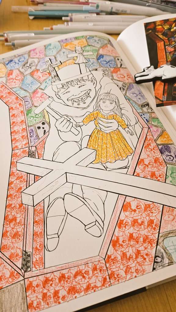 way_yeah333's tweet photo. ぬり絵を｢よん｣で埋めるチャレンジは台風で休校になったため、一気に進んでおります😄母も一緒にお手伝い！！あと少し！！
J先生とA子先生も潜んでいます♪

先生の書き込みの緻密さがわかるぬり絵です、楽しい♡
#伊藤潤二ぬり絵・切り絵コンテスト 
#伊藤潤二デビュー40年 https://t.co/2RSvcNVZgW