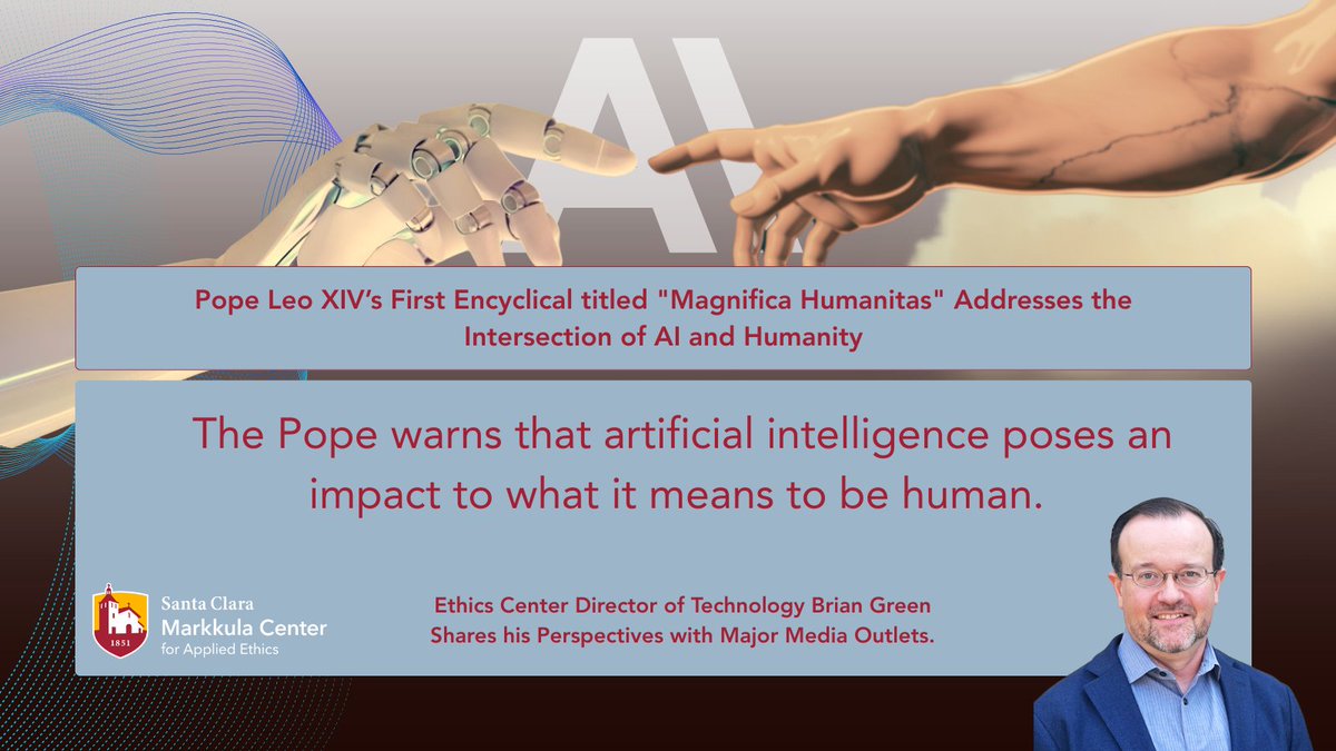 scuethics's tweet photo. Brian Green, director of technology ethics at the Markkula Center for Applied Ethics, was featured by NPR, NCR, and The New York Times discussing Pope Leo XIV's AI encyclical.

Read more through our Media Mentions page: https://t.co/9HnxZGG3zA 

#AIethics #Anthropic #AI https://t.co/2aGsLDSEnC