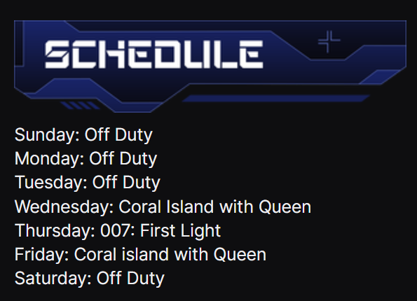 ArbiterVT's tweet photo. Totally not late schedule but here it is!

We'll be starting 007 tomorrow! Today and Friday @QueenOmeguh and I begin our new lives as farmers! https://t.co/sBFgaDbv0t
