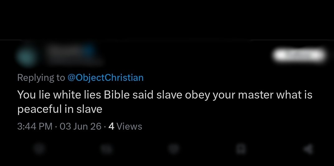 ObjectChristian's tweet photo. In the spirit of fairness and balance I want to recognize the response this lady gave me. This was in response to a thread about how Africa doesnt need Christianity or Islam since they're not from there.

I had replied stating while Christianity spread to Africa early on via peaceful evangelism, Islam spread quickly via violent conquest and colonialism.

This was her reply to me. I have to say I appreciate this kind of response from people. Sure, there is an acedemically honest and valid response to her. But there's a story behind the question here. The topic of slavery is a sincere topic and one to which Christianity needs to take a sober and sincere look.

While the slavery of the Bible is vastly different than that of the trans-Atlantic slave trade of African to Europe and the Americas, the Bible was abused in order to justify it. This went on for hundreds of years, and it was never truly rectified. 

There is no "but" here in this post. I'm not going to make any attempt to diminish the pain behind her comment. I'm not going to offer a solution or hide behind euphemisms. A great evil was done in the name of God and the Church during the trans-Atlantic slave trade.