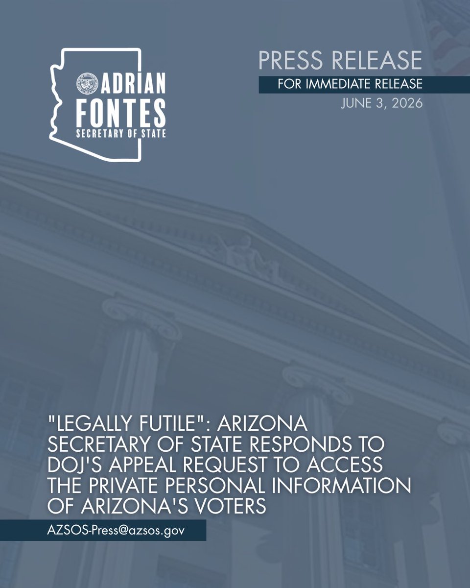 AZSecretary's tweet photo. PRESS RELEASE: "Legally futile": Arizona Secretary of State responds to DOJ's appeal request to access the private personal information of Arizona's voters https://t.co/D7rXfTwWh7