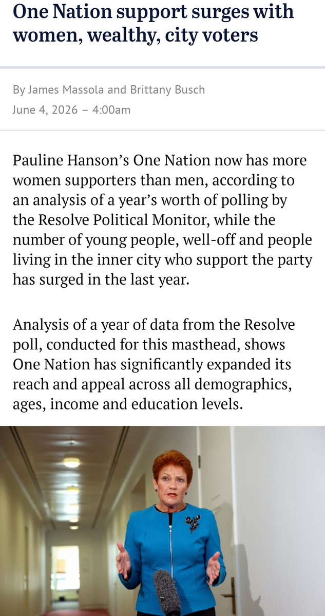 FemaleInTheWild's tweet photo. The only political party which has consistently pushed for women's rights &amp; changes to the law to protect women's needs was dismissed as lunatic fringe group. 

But in a shift that all women saw coming, One Nation now has more women supporters than men. 

Quelled surprise! https://t.co/xMI7RiAl7c
