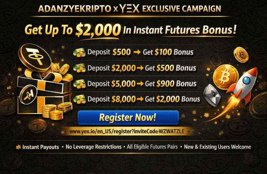 Adanzyekript's tweet photo. 🚨 ADANZYEKRIPTO x YEX EXCLUSIVE CAMPAIGN 🚨💰 Get up to $2,000 in Instant Futures Bonus!📢 Both existing and new users who register through our referral link are eligible to participate.🔗 Registration Link:
 https://t.co/QophIIwgV3🎁 Bonus Tiers
💵 Deposit $500 → Receive $100 Bonus Instantly💵 Deposit $2,000 → Receive $500 Bonus Instantly💵 Deposit $5,000 → Receive $900 Bonus Instantly💵 Deposit $8,000 → Receive $2,000 Bonus Instantly⚡ Bonuses are credited instantly after meeting the deposit requirements.✅ Campaign Benefits
🔥 No leverage restrictions🔥 No coin restrictions🔥 Usable across eligible futures trading pairs🔥 Available for both existing and new users📌 Important Notes
• Trading losses are deducted from your own capital first, then from the bonus balance.• To activate and use your bonus, you must claim it on the campaign page.🎁 Claim Your Bonus Here:
 https://t.co/nzKz5dYIta🚀 Increase your trading capital with one of the most attractive futures bonus campaigns available!🔗 Join Now:
 https://t.co/QophIIwgV3
#YEX  #Crypto #Bitcoin #BTC #Ethereum #ETH #Futures #Trading #CryptoTrading #DepositBonus #FuturesBonus #USDT #Altcoins #CryptoCommunity #Adanzyekripto #BonusCampaign #ExchangeBonus #CryptoRewards 🚀💰