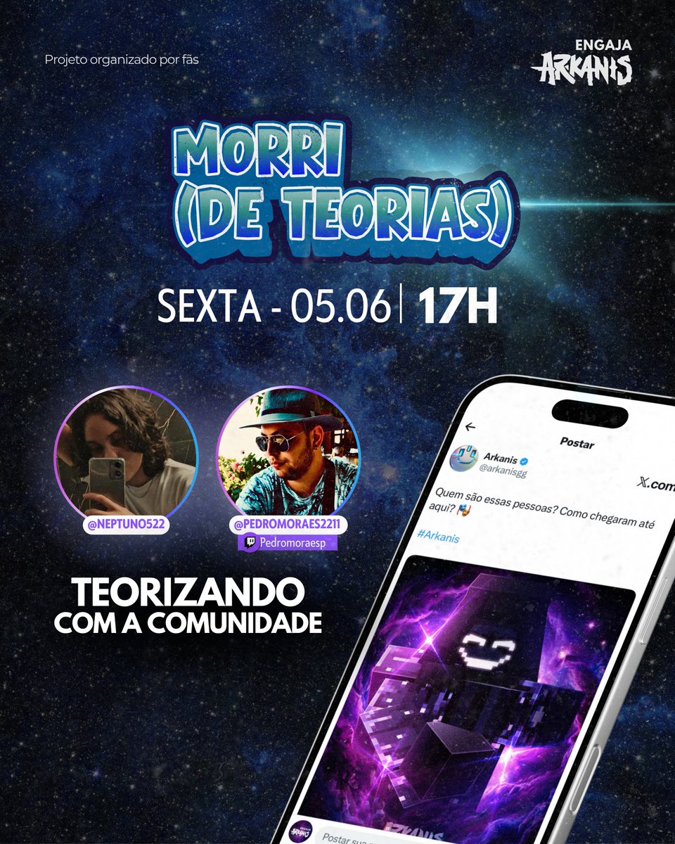 EngajaArkanis's tweet photo. 🗒️| MORRER DE TANTO TEORIZAR? SIM!

Nesta sexta-feira, às 17h, @Neptuno522  e @PedroMoraes2211  vão se reunir com a comunidade para conversar sobre teorias, conexões, personagens e todos os mistérios que cercam o universo de #Arkanis

Será que suas teorias fazem sentido ou você vai sair da live com mais perguntas do que respostas?